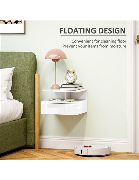 HOMCOM Floating High Gloss Bedside Table - High Gloss White - pic 193327 | FastDaddyshop