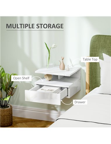 HOMCOM Floating High Gloss Bedside Table - High Gloss White