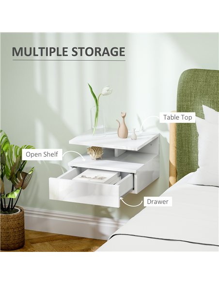 HOMCOM Floating High Gloss Bedside Table - High Gloss White - pic 193328 | FastDaddyshop