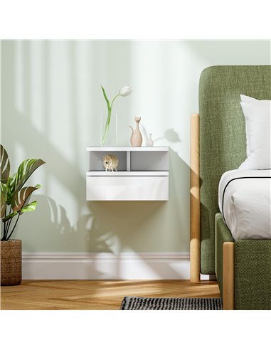 HOMCOM Floating High Gloss Bedside Table - High Gloss White