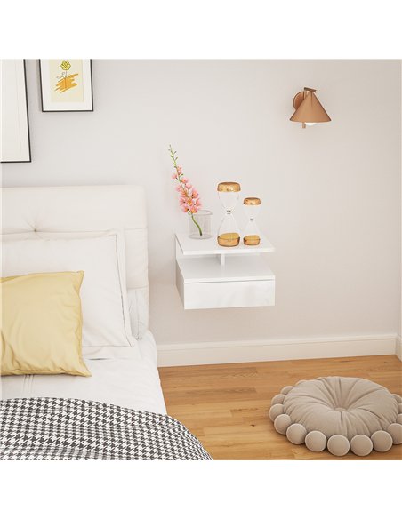 HOMCOM Floating High Gloss Bedside Table - High Gloss White - pic 193330 | FastDaddyshop