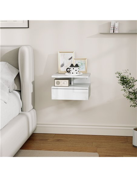 HOMCOM Floating High Gloss Bedside Table - High Gloss White - pic 193331 | FastDaddyshop