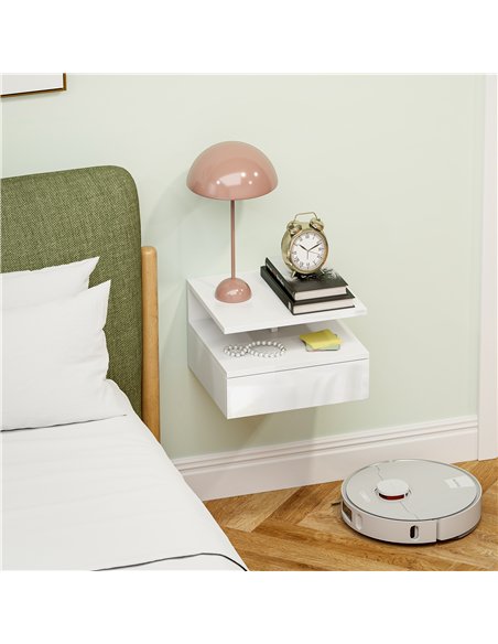 HOMCOM Floating High Gloss Bedside Table - High Gloss White - pic 193332 | FastDaddyshop