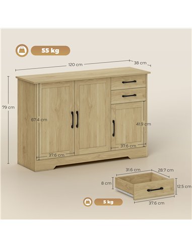 HOMCOM Sideboard with 2 Drawers Modern Storage Cabinet, Kitchen Cupboard with Adjustable Shelf and 3 Doors Natural