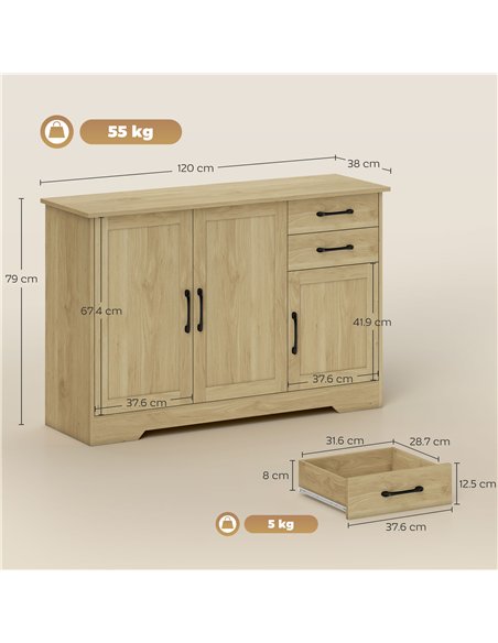 HOMCOM Sideboard with 2 Drawers Modern Storage Cabinet, Kitchen Cupboard with Adjustable Shelf and 3 Doors Natural - pic 193362 | FastDaddyshop