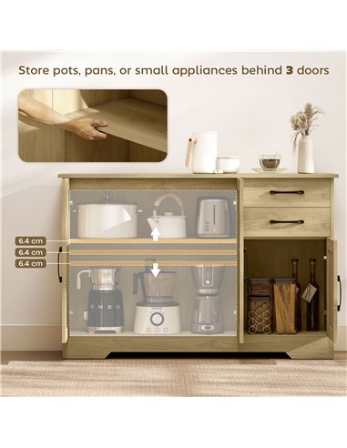 HOMCOM Sideboard with 2 Drawers Modern Storage Cabinet, Kitchen Cupboard with Adjustable Shelf and 3 Doors Natural
