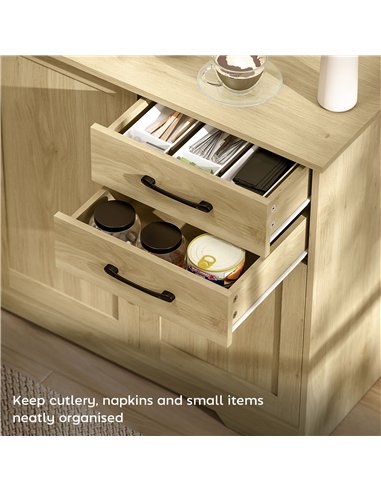 HOMCOM Sideboard with 2 Drawers Modern Storage Cabinet, Kitchen Cupboard with Adjustable Shelf and 3 Doors Natural