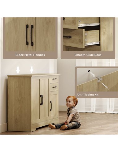 HOMCOM Sideboard with 2 Drawers Modern Storage Cabinet, Kitchen Cupboard with Adjustable Shelf and 3 Doors Natural