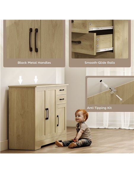 HOMCOM Sideboard with 2 Drawers Modern Storage Cabinet, Kitchen Cupboard with Adjustable Shelf and 3 Doors Natural - pic 193366 | FastDaddyshop