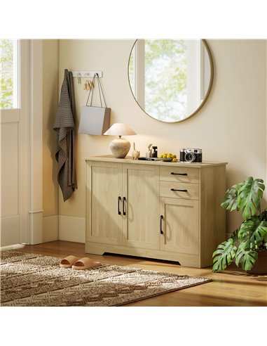 HOMCOM Sideboard with 2 Drawers Modern Storage Cabinet, Kitchen Cupboard with Adjustable Shelf and 3 Doors Natural