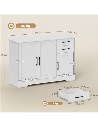 HOMCOM Sideboard with 2 Drawers Modern Storage Cabinet, Kitchen Cupboard with Adjustable Shelf and 3 Doors White