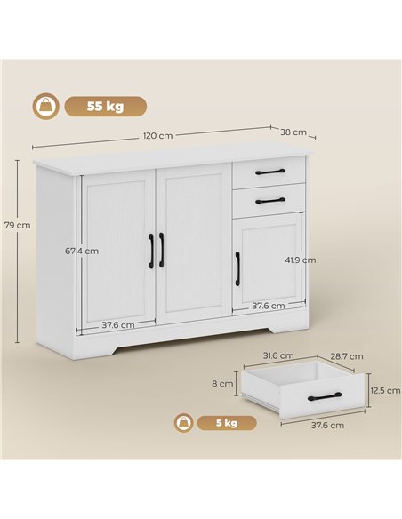 HOMCOM Sideboard with 2 Drawers Modern Storage Cabinet, Kitchen Cupboard with Adjustable Shelf and 3 Doors White - pic 193371 | FastDaddyshop