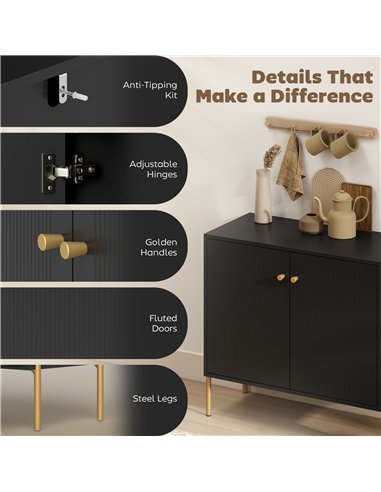HOMCOM Sideboard Buffet Cabinet, Coffee Bar Cabinet with Fluted Doors and Adjustable Shelf, Black