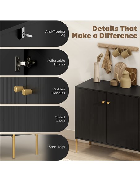 HOMCOM Sideboard Buffet Cabinet, Coffee Bar Cabinet with Fluted Doors and Adjustable Shelf, Black - pic 193382 | FastDaddyshop
