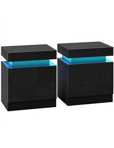 HOMCOM Black Bedside Table with LED Light, High Gloss Front Nightstand with 2 Drawers, for Living Room, Bedroom, Set of 2