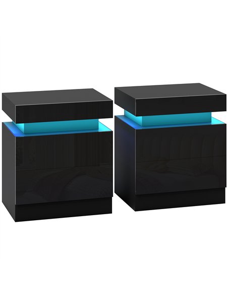HOMCOM Black Bedside Table with LED Light, High Gloss Front Nightstand with 2 Drawers, for Living Room, Bedroom, Set of 2 - pic 193405 | FastDaddyshop