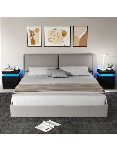 HOMCOM Black Bedside Table with LED Light, High Gloss Front Nightstand with 2 Drawers, for Living Room, Bedroom, Set of 2