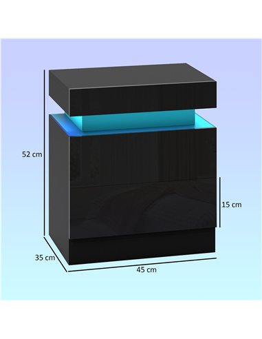 HOMCOM Black Bedside Table with LED Light, High Gloss Front Nightstand with 2 Drawers, for Living Room, Bedroom, Set of 2
