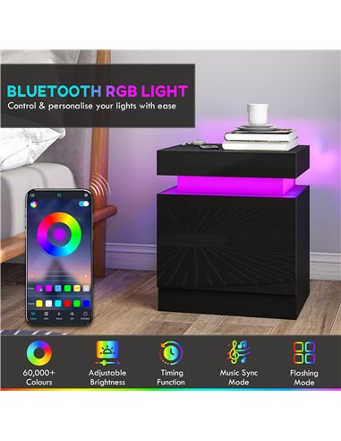 HOMCOM Black Bedside Table with LED Light, High Gloss Front Nightstand with 2 Drawers, for Living Room, Bedroom, Set of 2
