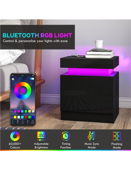 HOMCOM Black Bedside Table with LED Light, High Gloss Front Nightstand with 2 Drawers, for Living Room, Bedroom, Set of 2 - pic 193408 | FastDaddyshop