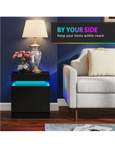 HOMCOM Black Bedside Table with LED Light, High Gloss Front Nightstand with 2 Drawers, for Living Room, Bedroom, Set of 2