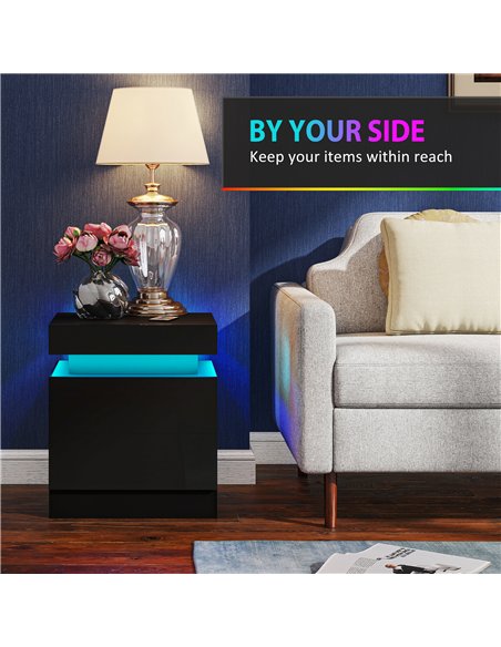 HOMCOM Black Bedside Table with LED Light, High Gloss Front Nightstand with 2 Drawers, for Living Room, Bedroom, Set of 2 - pic 193409 | FastDaddyshop