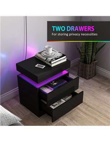 HOMCOM Black Bedside Table with LED Light, High Gloss Front Nightstand with 2 Drawers, for Living Room, Bedroom, Set of 2