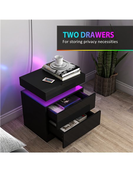 HOMCOM Black Bedside Table with LED Light, High Gloss Front Nightstand with 2 Drawers, for Living Room, Bedroom, Set of 2 - pic 193410 | FastDaddyshop
