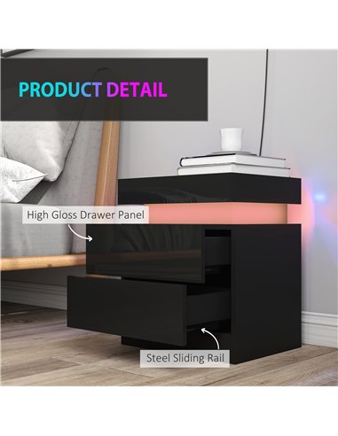 HOMCOM Black Bedside Table with LED Light, High Gloss Front Nightstand with 2 Drawers, for Living Room, Bedroom, Set of 2