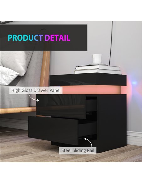 HOMCOM Black Bedside Table with LED Light, High Gloss Front Nightstand with 2 Drawers, for Living Room, Bedroom, Set of 2 - pic 193411 | FastDaddyshop