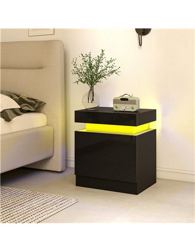 HOMCOM Black Bedside Table with LED Light, High Gloss Front Nightstand with 2 Drawers, for Living Room, Bedroom, Set of 2