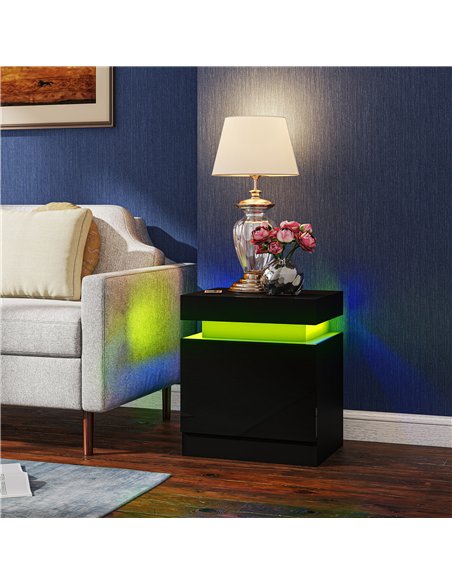 HOMCOM Black Bedside Table with LED Light, High Gloss Front Nightstand with 2 Drawers, for Living Room, Bedroom, Set of 2 - pic 193413 | FastDaddyshop