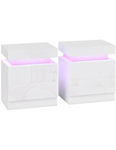 HOMCOM White Bedside Table with LED Light, High Gloss Front Nightstand with 2 Drawers, for Living Room, Bedroom, Set of 2