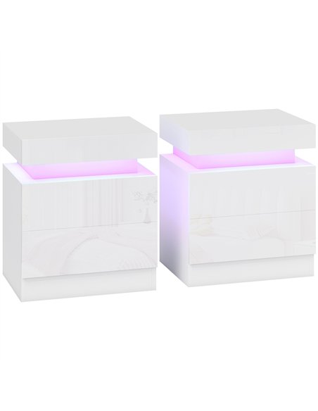 HOMCOM White Bedside Table with LED Light, High Gloss Front Nightstand with 2 Drawers, for Living Room, Bedroom, Set of 2 - pic 193414 | FastDaddyshop