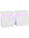 HOMCOM White Bedside Table with LED Light, High Gloss Front Nightstand with 2 Drawers, for Living Room, Bedroom, Set of 2
