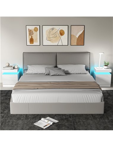HOMCOM White Bedside Table with LED Light, High Gloss Front Nightstand with 2 Drawers, for Living Room, Bedroom, Set of 2