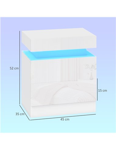 HOMCOM White Bedside Table with LED Light, High Gloss Front Nightstand with 2 Drawers, for Living Room, Bedroom, Set of 2