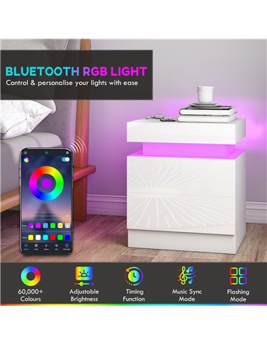 HOMCOM White Bedside Table with LED Light, High Gloss Front Nightstand with 2 Drawers, for Living Room, Bedroom, Set of 2
