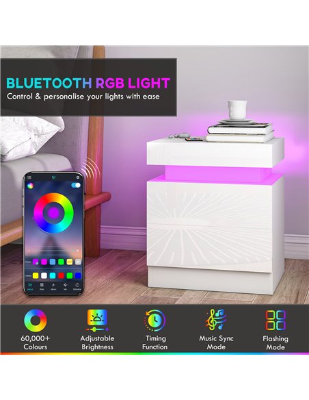 HOMCOM White Bedside Table with LED Light, High Gloss Front Nightstand with 2 Drawers, for Living Room, Bedroom, Set of 2 - pic 193417 | FastDaddyshop