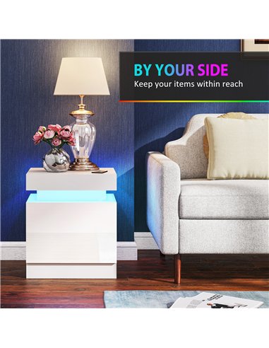 HOMCOM White Bedside Table with LED Light, High Gloss Front Nightstand with 2 Drawers, for Living Room, Bedroom, Set of 2