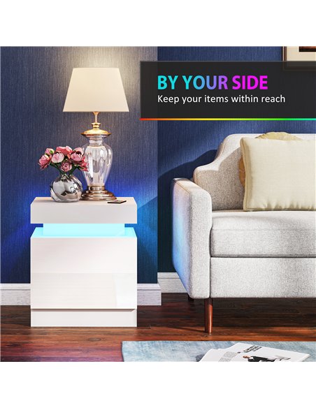 HOMCOM White Bedside Table with LED Light, High Gloss Front Nightstand with 2 Drawers, for Living Room, Bedroom, Set of 2 - pic 193418 | FastDaddyshop