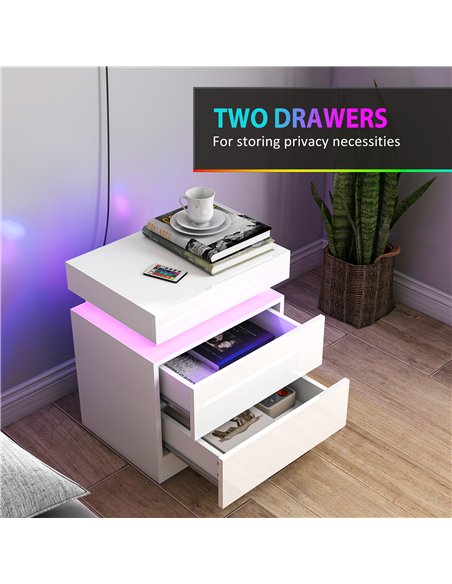 HOMCOM White Bedside Table with LED Light, High Gloss Front Nightstand with 2 Drawers, for Living Room, Bedroom, Set of 2 - pic 193419 | FastDaddyshop