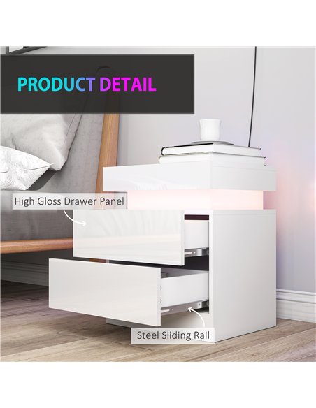 HOMCOM White Bedside Table with LED Light, High Gloss Front Nightstand with 2 Drawers, for Living Room, Bedroom, Set of 2 - pic 193420 | FastDaddyshop