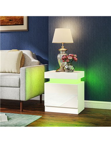HOMCOM White Bedside Table with LED Light, High Gloss Front Nightstand with 2 Drawers, for Living Room, Bedroom, Set of 2