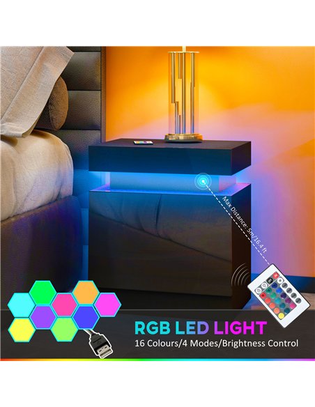 HOMCOM High Gloss Front Bedside Tables Set of 2, Nightstands with RGB LED Light and 2 Drawers, Chest of Drawers for Bedroom, Liv - pic 193435 | FastDaddyshop
