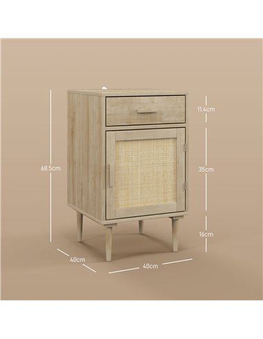 HOMCOM Bedside Tables Set of 2, Rattan Side Tables with Drawer, Cabinet and Adjustable Shelf, Boho Bedside Cabinets with Storage