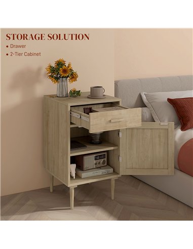HOMCOM Bedside Tables Set of 2, Rattan Side Tables with Drawer, Cabinet and Adjustable Shelf, Boho Bedside Cabinets with Storage