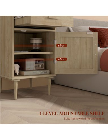 HOMCOM Bedside Tables Set of 2, Rattan Side Tables with Drawer, Cabinet and Adjustable Shelf, Boho Bedside Cabinets with Storage