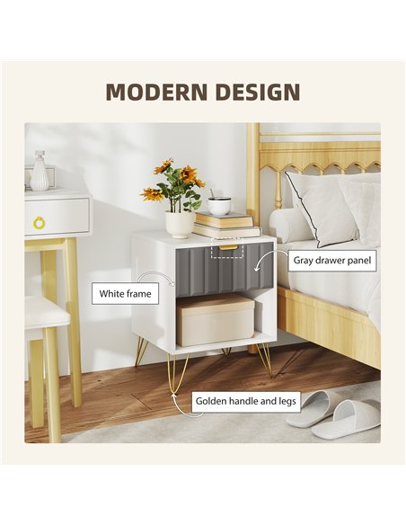 HOMCOM Bedside Table Modern Bedside Cabinet with Drawer and Open Compartment, 45 x 40 x 55, White - pic 193464 | FastDaddyshop