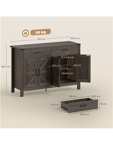 HOMCOM Kitchen Cupboard, Sideboard with 4 Doors, 2 Drawers and 2 Adjustable Shelves for Dining Room, Dark Brown